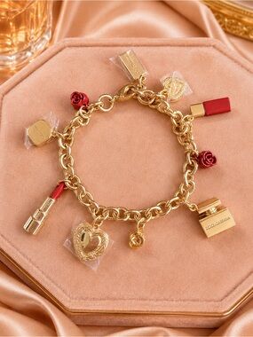 Dolce & Gabbana Y2K Makeup Gold-Tone Multi-Charm Bracelet Lipstick Rose Heart